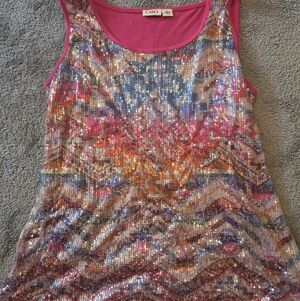 Cato Multicolor Sequin Tank with Pink Trim